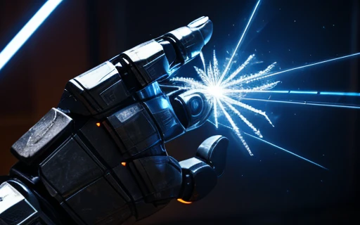 Hand in palm pointing towards the viewer, hand-shot leisure shot, The robot uses laser fire at the viewer, A robot has the palm of its hand showing the viewer, setting frozen planet blizzard