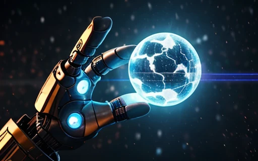 Hand in palm pointing towards the viewer, hand-shot leisure shot, The robot uses laser fire at the viewer, A robot has the palm of its hand showing the viewer, setting frozen planet blizzard