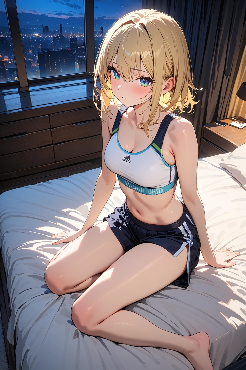 (masterpiece, best quality:1.5), (ultra detailed, high resolution, 8k, beautiful detailed, UHD, best anatomy), blonde hair, very flat breasts, 1 girl like a man, Sports Bra, Culottes, barefoot, bed room, night