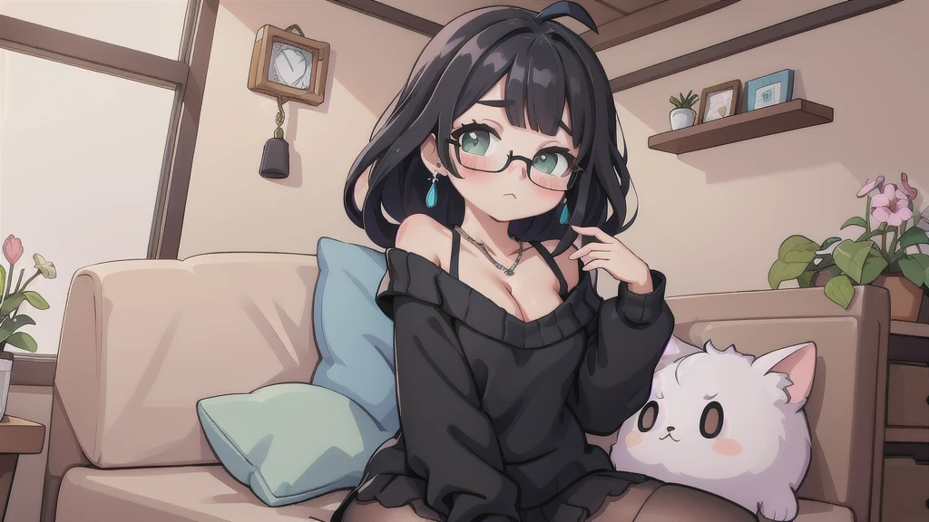 ((extremely detailed CG unity 8k wallpaper)),(masterpiece),(best quality),(ultra-detailed),(best illustration),(best shadow),(Extremely Detailed),(absurdres),(detailed background), Chisato Haswegawa, 1girl, breasts, sweater, black hair, long hair, Antenna hair, glasses, mature, adlut woman, blush, green eyes, Beautiful Detailed Eyes, jewelry, cleavage, looking at viewer, suducing stare, necklace, medium breasts, off-shoulder sweater, off shoulder, collarbone, leggings, bangs, nail polish, solo, earrings, pov, straddling, girl on top, closed mouth, frilled shirt, backlighting, indoors, couch