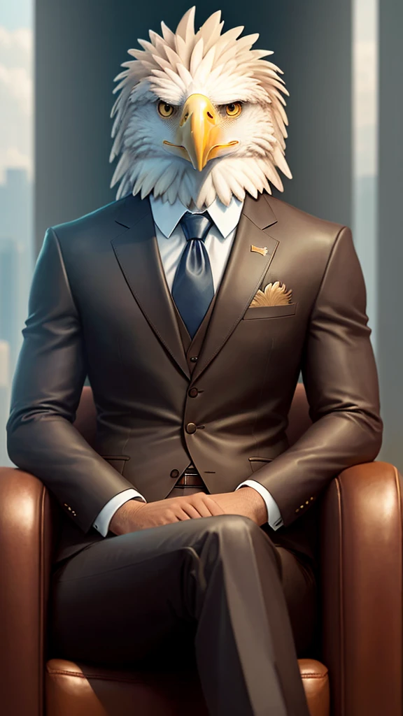 Anthropomorphic eagle wearing a suit,Like a company president,Sitting in a big leather chair,Crossing your legs