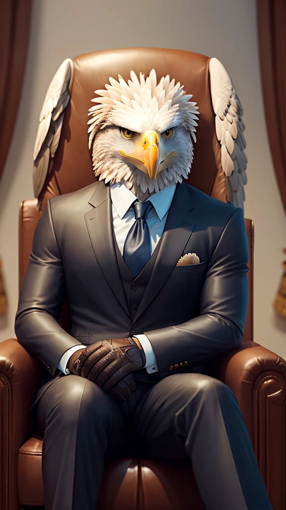 Anthropomorphic eagle wearing a suit,Like a company president,Sitting in a big leather chair,Crossing your legs