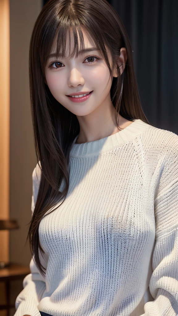 1 Japanese girl,(White sweater:1.4), (RAW Photos, highest quality), (Realistic, Realistic:1.4), Tabletop, Very delicate and beautiful, Very detailed, 8k wallpaper, wonderful, In detail, Very detailedなCG Unity, High resolution, Soft Light, Beautiful details 19 years old, Very detailedな目と顔, Beautiful and sophisticated nose, Beautiful details,Cinema Lighting,Perfect Anatomy,Slender body,smile  (Asymmetrical bangs,)