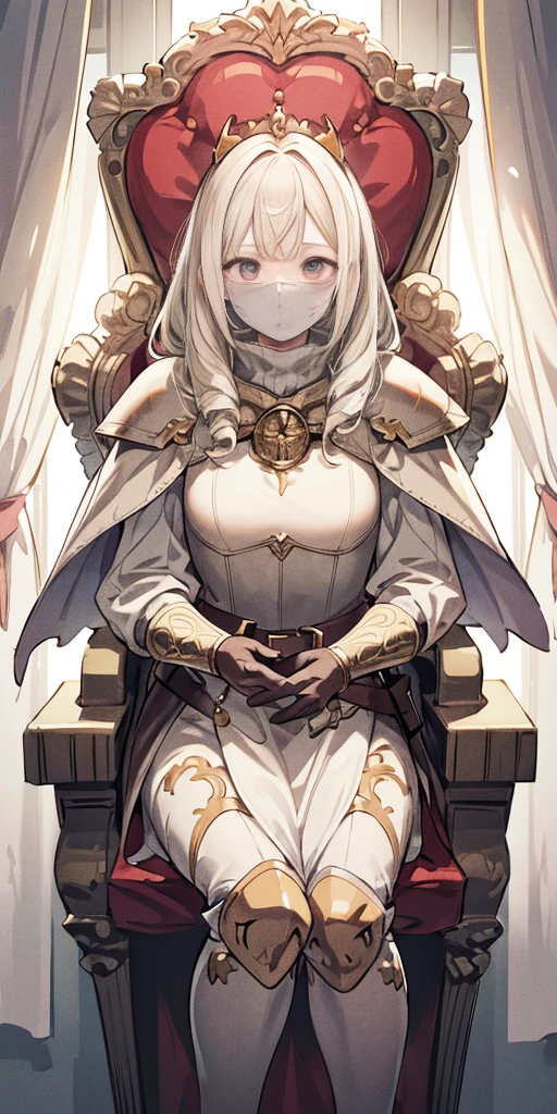 (masterpiece, best quality, absurdness, 4k, aesthetic, detailed, intricate, perfect lighting) cinematic angle, 1sologirl, sitting on throne, elbow rest, castle interior, mask, hood, cape, belt, armor, cloak, red gloves gauntlets, bkcrown