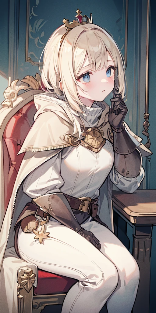 (masterpiece, best quality, absurdness, 4k, aesthetic, detailed, intricate, perfect lighting) cinematic angle, 1sologirl, sitting on throne, elbow rest, castle interior, mask, hood, cape, belt, armor, cloak, red gloves gauntlets, bkcrown