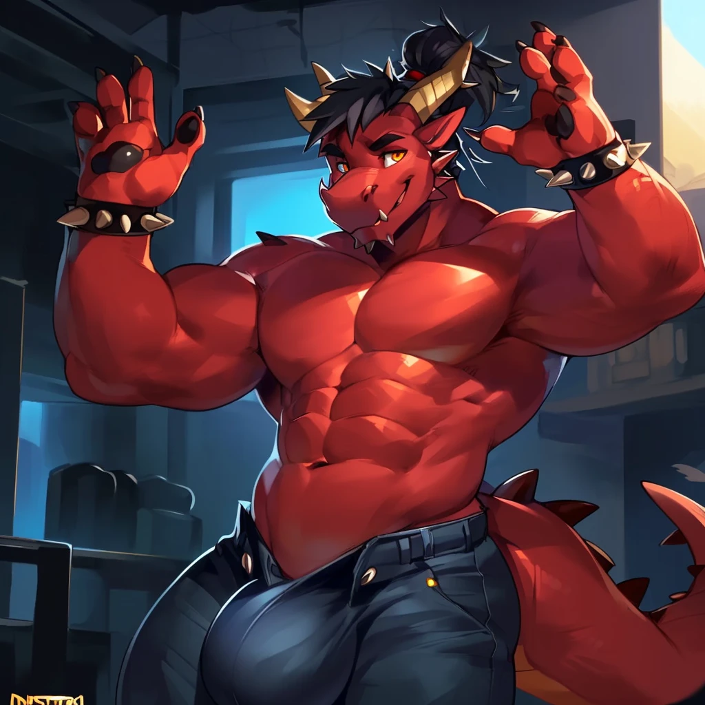 Solo, male (((dragon, muscular, broad shoulders, abs, red body, red scales, all red body, yellow iris, black pupil, black hair, tied hair, spiked tail, facial spikes, brown horns, dragon snout, black paw pads, five fingers, blue jeans, huge bulge))) standing, waving, detailed eyes, detailed hands, detailed tail, detailed abs ((focus eyes, focus tail, focus horns, focus facial spikes)) perfect anatomy, by darkgem, by mystikfox61, by glitter trap boy