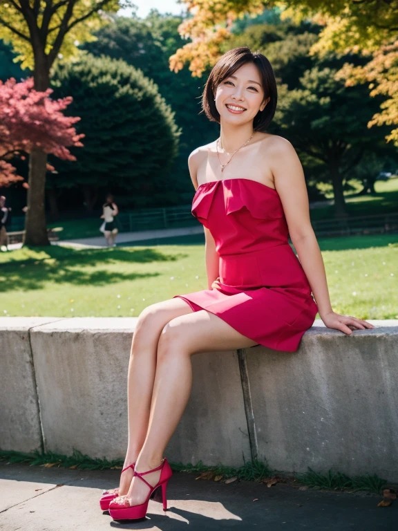 (RAW Photos:1.2), (Realistic:1.4),Beautiful detailed woman,非常にfine grainと顔, fine grain, Very detailed,High resolution, Very detailed,Highest quality,Consciousness upward,Unified,8k wallpaper,masterpiece,Highest quality,1 female,alone,rich,Whole Body Ezbian,Toned figure,;Foot meat,Tight waist,alone,(Pink one-piece skirt,High heels),Jewelry Necklace Short Hair,A kind smile,A dignified atmosphere,black eye,Realistic,Central Park , (Morning Park:1.1)