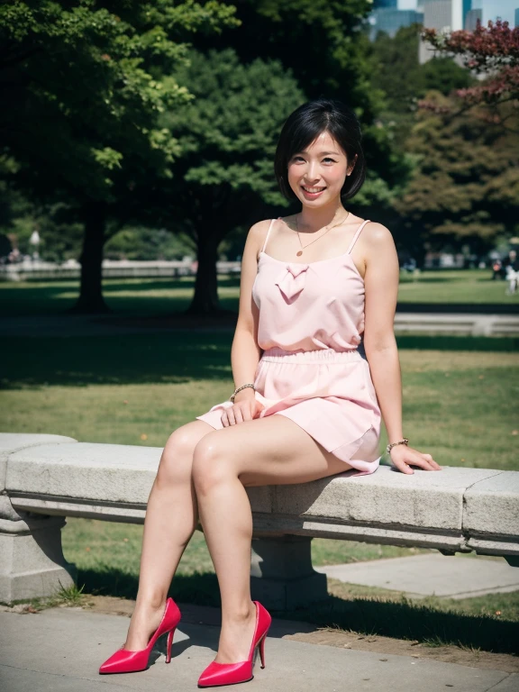 (RAW Photos:1.2), (Realistic:1.4),Beautiful detailed woman,非常にfine grainと顔, fine grain, Very detailed,High resolution, Very detailed,Highest quality,Consciousness upward,Unified,8k wallpaper,masterpiece,Highest quality,1 female,alone,rich,Whole Body Ezbian,Toned figure,;Foot meat,Tight waist,alone,(Pink one-piece skirt,High heels),Jewelry Necklace Short Hair,A kind smile,A dignified atmosphere,black eye,Realistic,Central Park , (Morning Park:1.1)