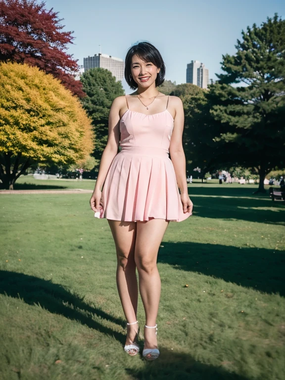 (RAW Photos:1.2), (Realistic:1.4),Beautiful detailed woman,非常にfine grainと顔, fine grain, Very detailed,High resolution, Very detailed,Highest quality,Consciousness upward,Unified,8k wallpaper,masterpiece,Highest quality,1 female,alone,rich,Whole Body Ezbian,Toned figure,;Foot meat,Tight waist,alone,(Pink one-piece skirt,High heels),Jewelry Necklace Short Hair,A kind smile,A dignified atmosphere,black eye,Realistic,Central Park , (Morning Park:1.1)
