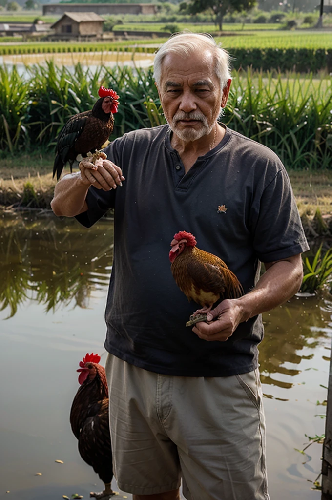 Depict a grandfather feeding his rooster against the backdrop of a rice field