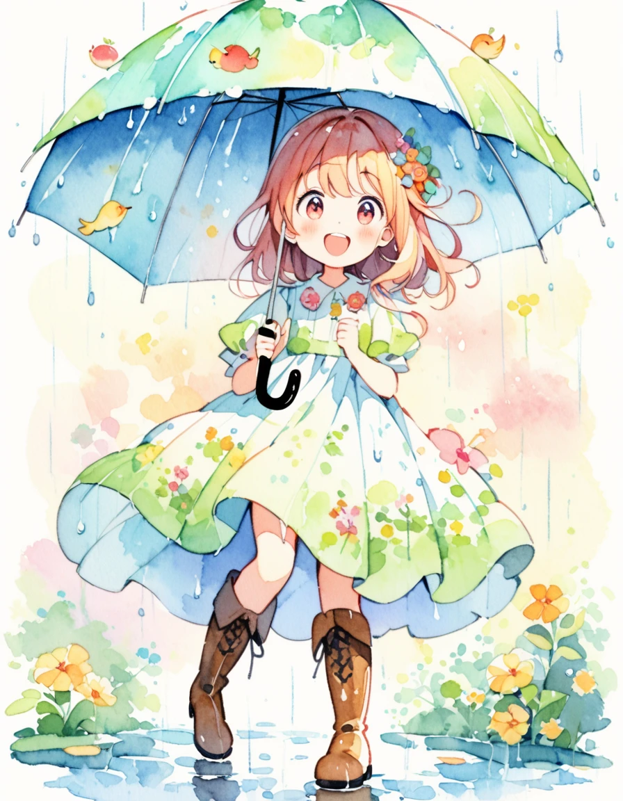 Beautiful girl with umbrella, Girl having fun in the rain, ((Put on your boots)), sing, content:watercolor. style:Whimsical and delicate, Like a children&#39;s illustration&#39;Books.
