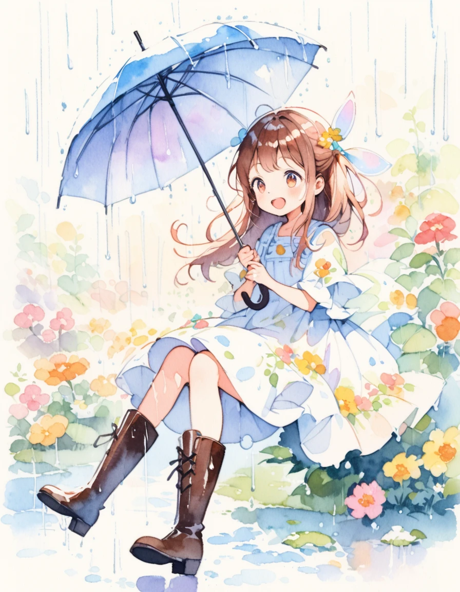 Beautiful girl with umbrella, Girl having fun in the rain, ((Put on your boots)), sing, content:watercolor. style:Whimsical and delicate, Like a children's illustration'Books.