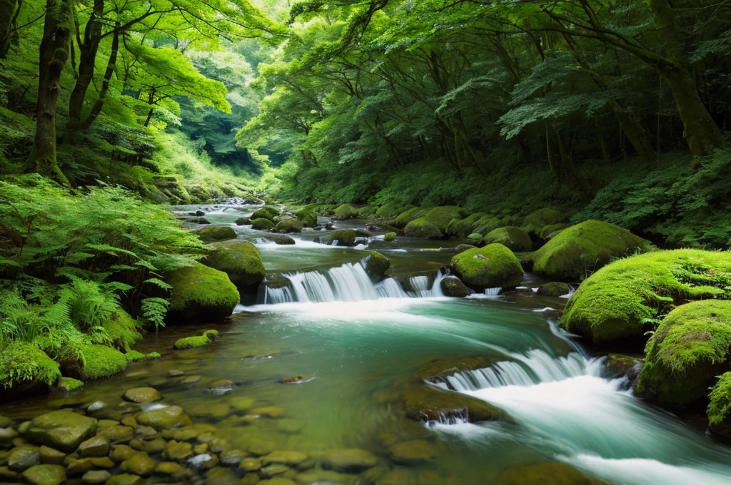 a close up of a stream running through a lush green forest, Japanese green forest, river in forest, forest and river, green forest, forest landscape, gentle shining forest stream, peaceful green forest, lush green forest, Japanese green gold forest, Japanese nature, lush deep forest, beautiful forest landscape, peaceful environment, lush green forest landscape, 8k