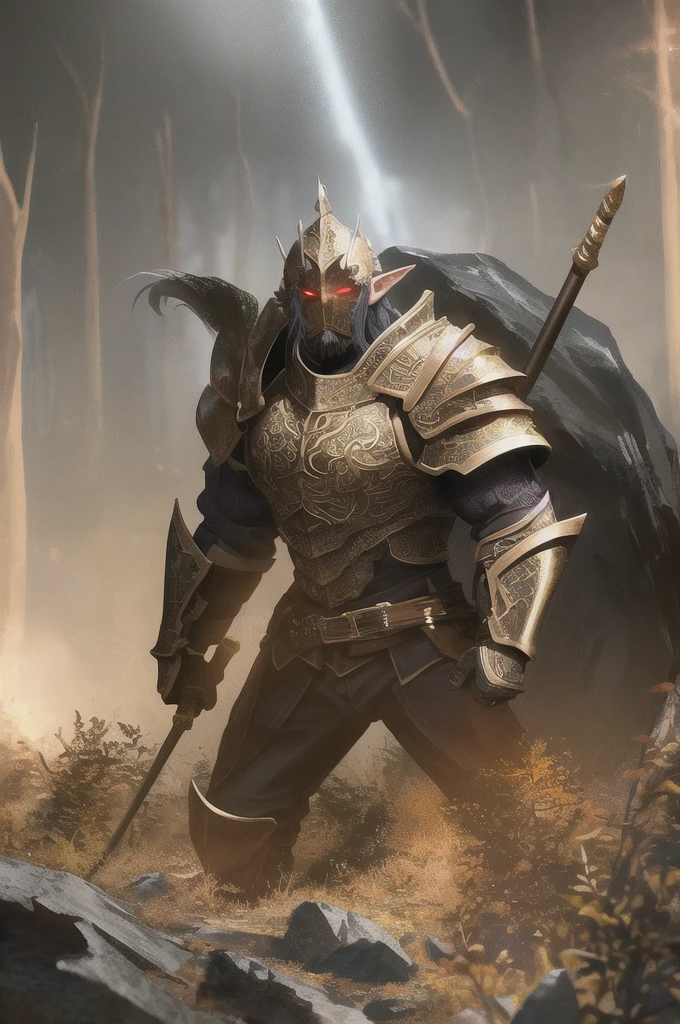 detailed eyes, detailed face, muscular dwarf, standing on a rocky terrain, looking at viewer, wearing intricate armor, large eyes, male, forest background, braided beard, fierce expression, strong build, pointy ears, glowing green eyes, short and stout, mystical aura, battle scars, wielding a battle axe, rugged face, determined look, narrow waist, fit body:1.1, intricate detail, photorealistic, volumetric lighting, godrays, Rembrandt lighting, real shadows, extremely high detail, detailed skin texture, subsurface scattering, shiny armor, polished, clean image, fantasy, masterpiece, stunning, high contrast, vivid color, dark tones, heroic pose, epic setting, (fantasy armor:1.1), (weapon:1.1), warrior stance, powerful presence