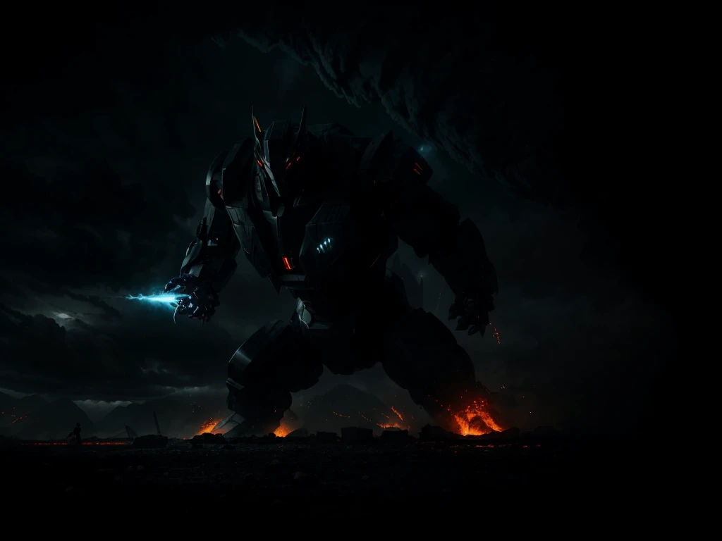 a giant robot battling a huge kaiju, cinematic lighting, dramatic composition, highly detailed mecha design, extremely detailed mechanical parts, complex machinery, advanced technology, intense action, dynamic poses, powerful energy effects, glowing neon details, moody atmosphere, dark and gritty, cinematic camera angle, epic scale, intense battle, muscular and imposing kaiju, terrifying monster design, detailed skin texture, massive claws and teeth, dark color palette, chiaroscuro lighting, moody and ominous, photorealistic, 8k, best quality, ultra-detailed