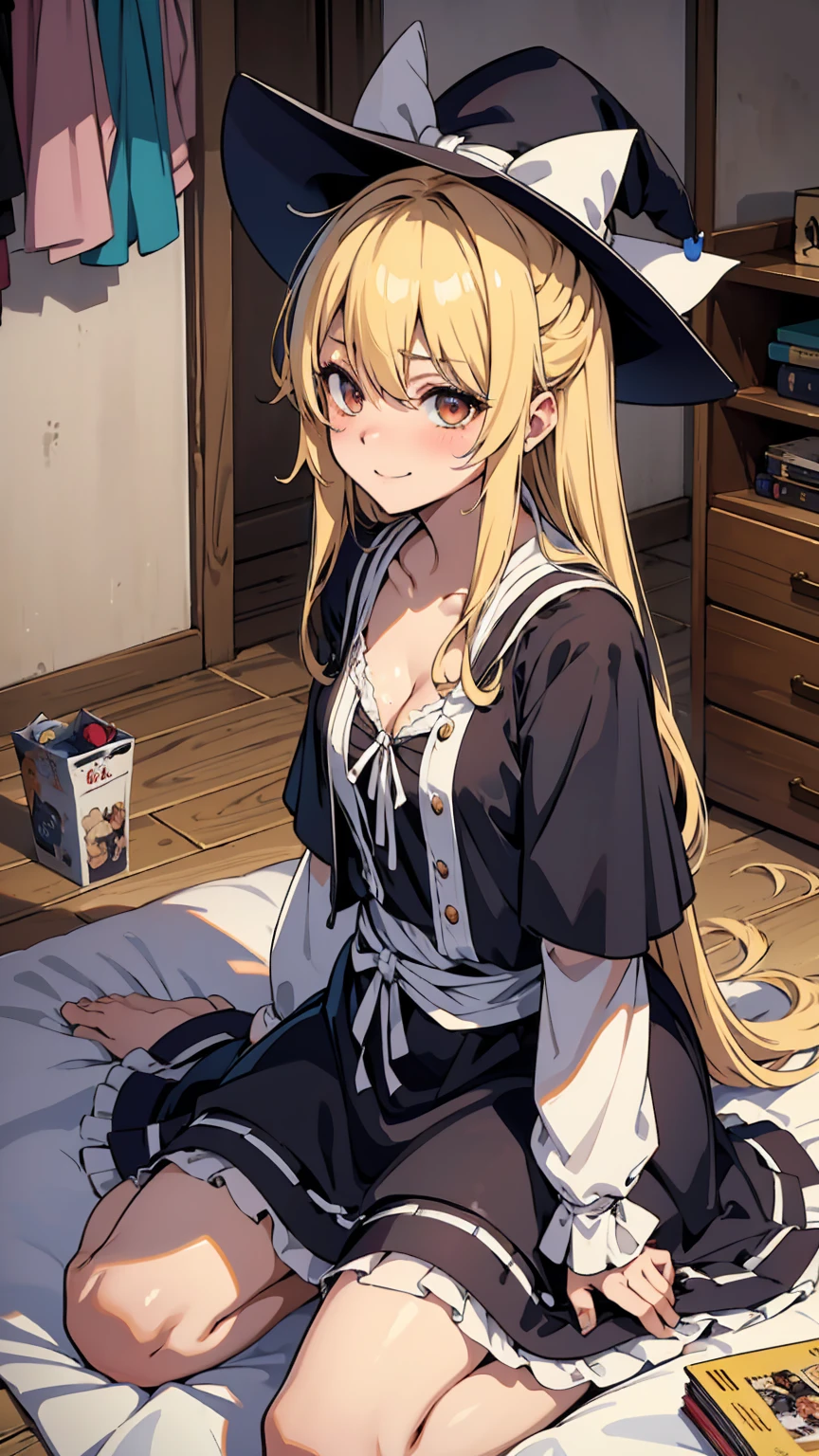 Marisa Kirisame、Messy room、Cute Woman、Blonde、Wizard、Marisa&#39;s Hat、Very thick thighs、smile、Sloppy body、Best image quality、High resolution、masterpiece、super high quality、Thick pubic hair、Orgasm Facial、Stripes々Panties、Stripes々bra、Very big ass、Very large breasts  、Blushing、4K quality、Blushing、Spread your legs wide、Luxurious chair、Wearing black knee socks、Sweaty all over、Heavy breathing、Shaking breasts、上下にShaking breasts、Angle from the feet