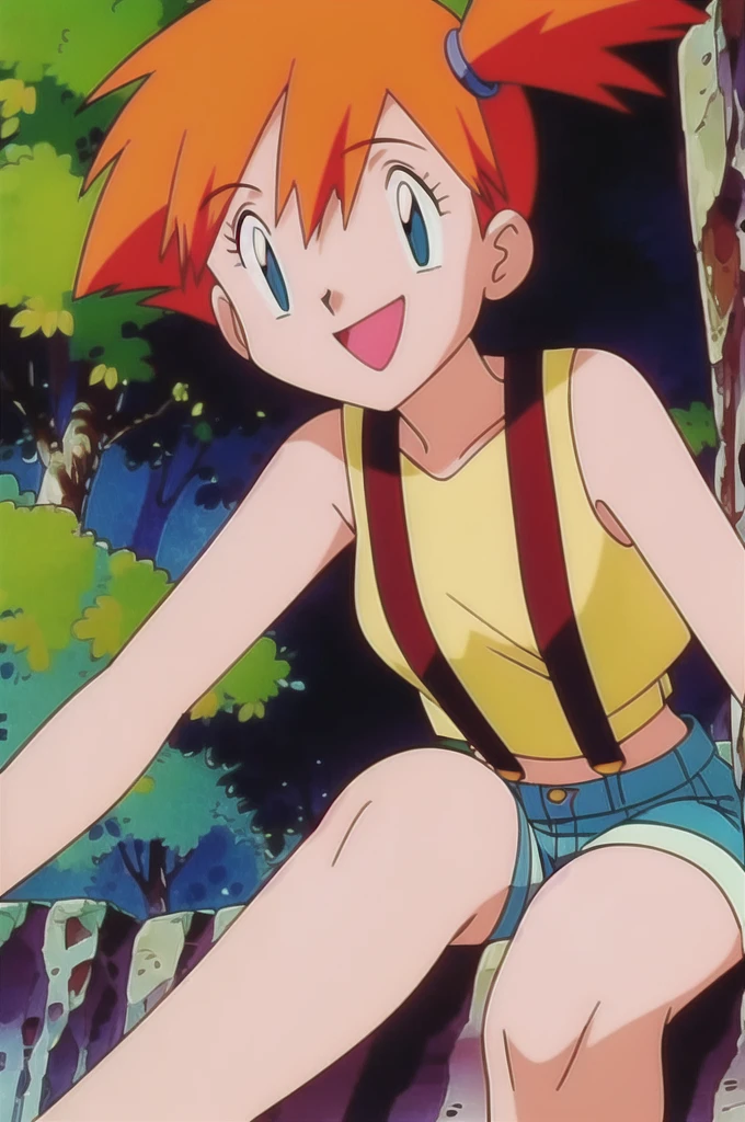 misty (pokemon), 1girl, solo, yellow shirt, sleeveless shirt, suspenders, denim shorts, outdoors,smile,looking at viewer