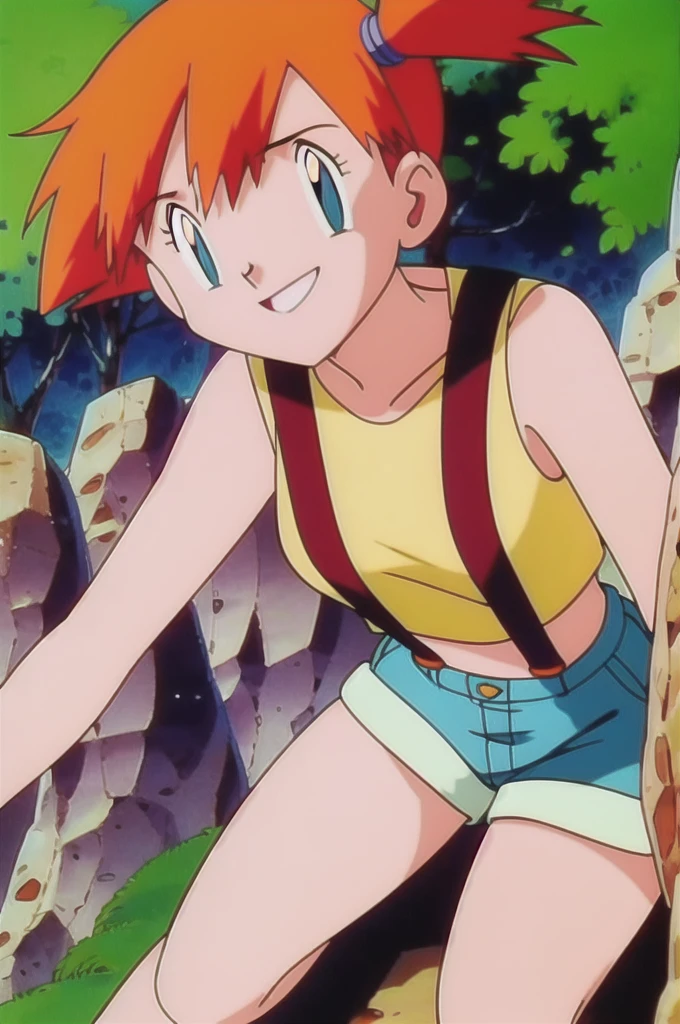 misty (pokemon), 1girl, solo, yellow shirt, sleeveless shirt, suspenders, denim shorts, outdoors,smile,looking at viewer