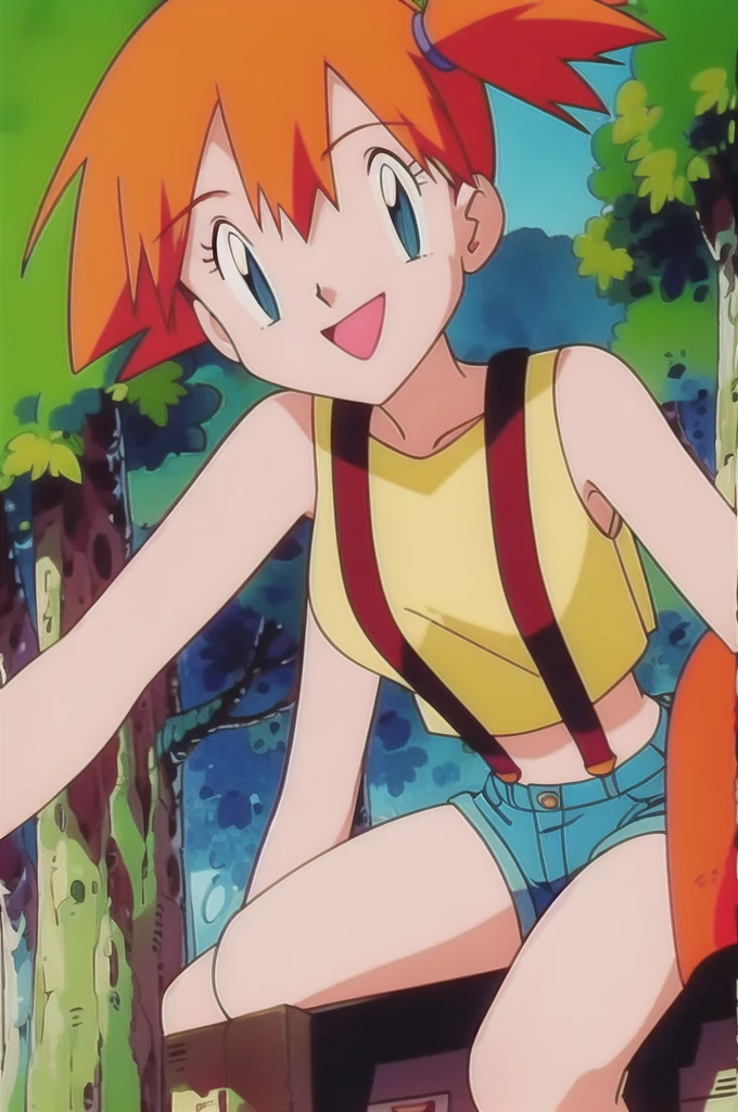 misty (pokemon), 1girl, solo, yellow shirt, sleeveless shirt, suspenders, denim shorts, outdoors,smile,looking at viewer