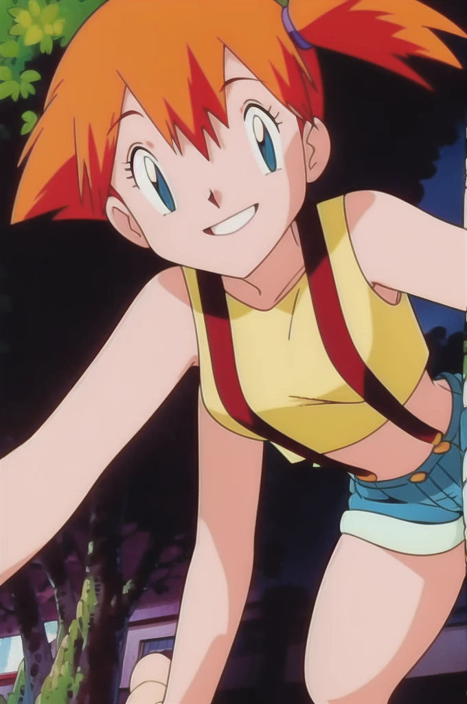 misty (pokemon), 1girl, solo, yellow shirt, sleeveless shirt, suspenders, denim shorts, outdoors,smile,looking at viewer