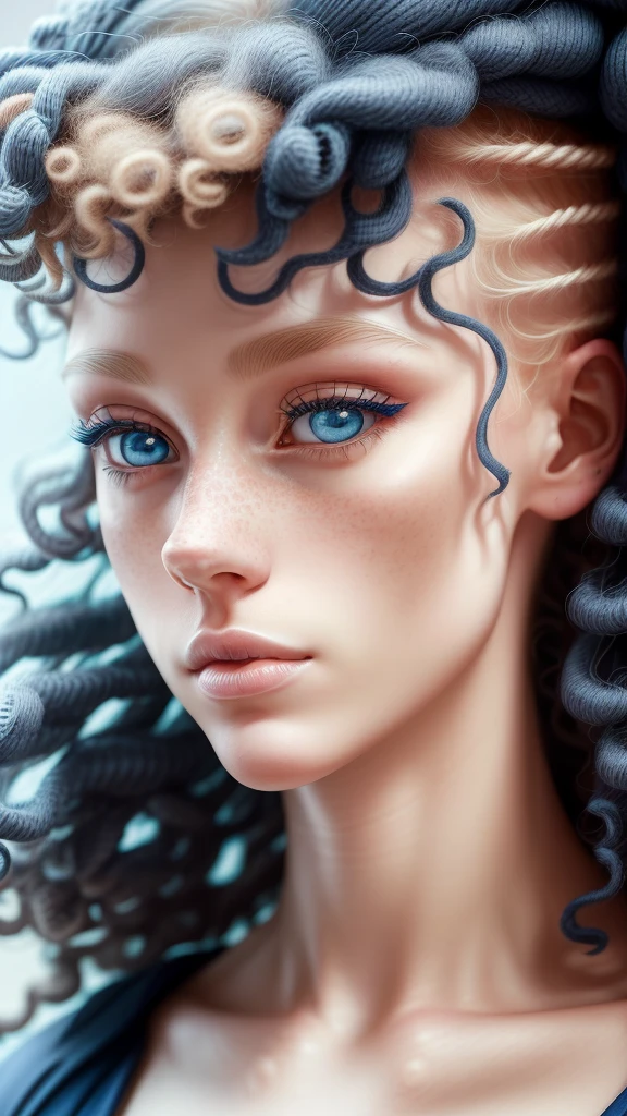 Dynamic View of 1 Albino woman with freckles, extremely thin and sensual, blonde hair ((curly)) slightly messy (over the eyes), with large and highly detailed light blue eyes, large and curved eyelashes, making a sensual pout with her mouth, extremely beautiful, with exuberant beauty, perfect symmetry, perfect body, detailed skin with quality and depth, she is wearing an oversized navy blue baltimore rinno force football jersey, ultra-realistic image, perfect symmetry, vibrant and sharp, dynamic vision, tall level of detail and definition, 1200 PPI – Photographic resolution with greater central realism, 4K image resolution Hyper-realistic, high-fidelity, cinematic UHD.