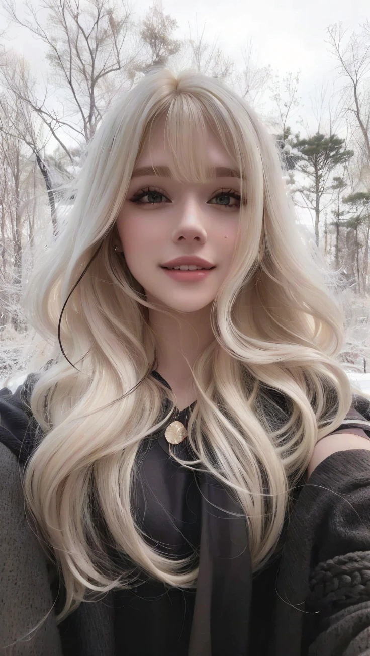 um close de uma mulher with long blonde hair whit bangs e uma blusa preta, long blonde hair and big eyes, long curly light blonde hair, a gorgeous blonde whit bangs, blonde girl smiling, with very long blonde hair, with long blonde hair, blonde girl smiling