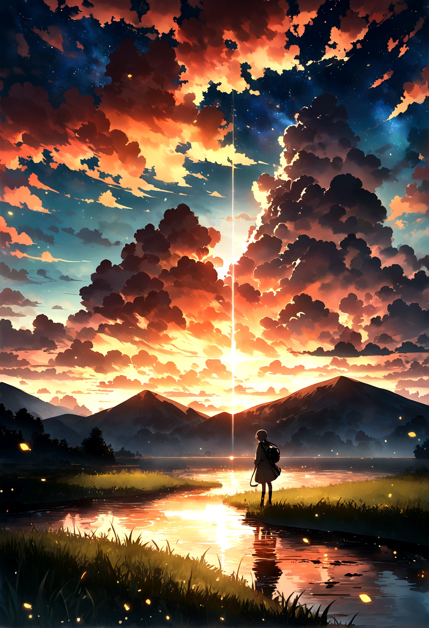 , river, Beautiful sunset, Big Cloud, Green grass, sad, Stars can be seen through the clouds, space, A ray of sunshine illuminates the world, masterpiece, Mountain々