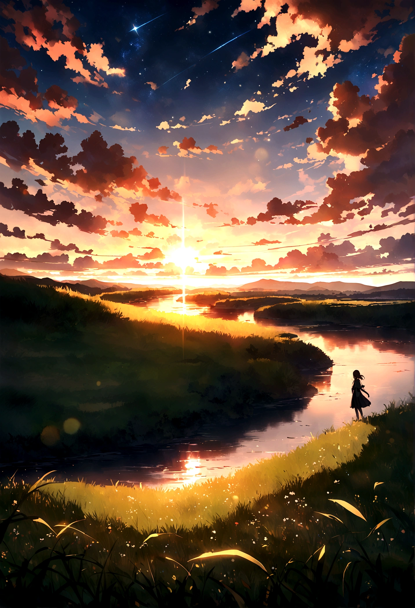 , river, Beautiful sunset, Big Cloud, Green grass, sad, Stars can be seen through the clouds, space, A ray of sunshine illuminates the world, masterpiece, Mountain々