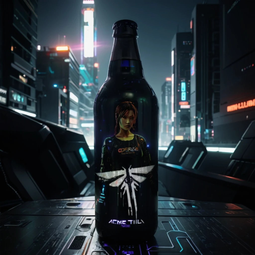 One bottle in the picture.A bottle of cyber beer presented in cyberpunk style, with characteristic elements: smooth, matte coating, decorated with bright neon luminous inserts. Design includes digital pixel patterns and abstract graphic elements, creating the effect of digital disruption and the future of the technological world. The main color of the bottle is deep purple, red, orange or green. This combination gives the product a unique cyberpunk style and modern look..
Bottle with holographic labels, depicting robotic fruits reflecting the taste of the future.