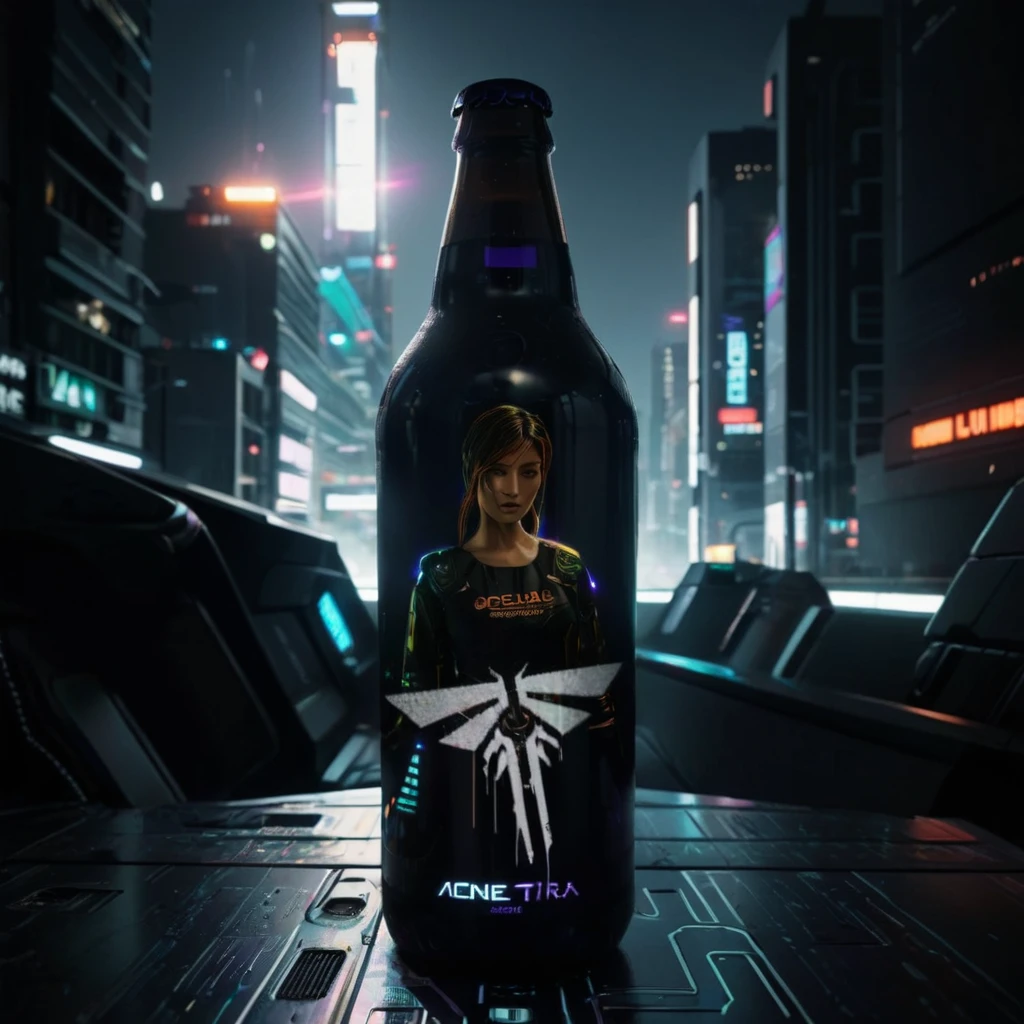 One bottle in the picture.A bottle of cyber beer presented in cyberpunk style, with characteristic elements: smooth, matte coating, decorated with bright neon luminous inserts. Design includes digital pixel patterns and abstract graphic elements, creating the effect of digital disruption and the future of the technological world. The main color of the bottle is deep purple, red, orange or green. This combination gives the product a unique cyberpunk style and modern look..
Bottle with holographic labels, depicting robotic fruits reflecting the taste of the future.
