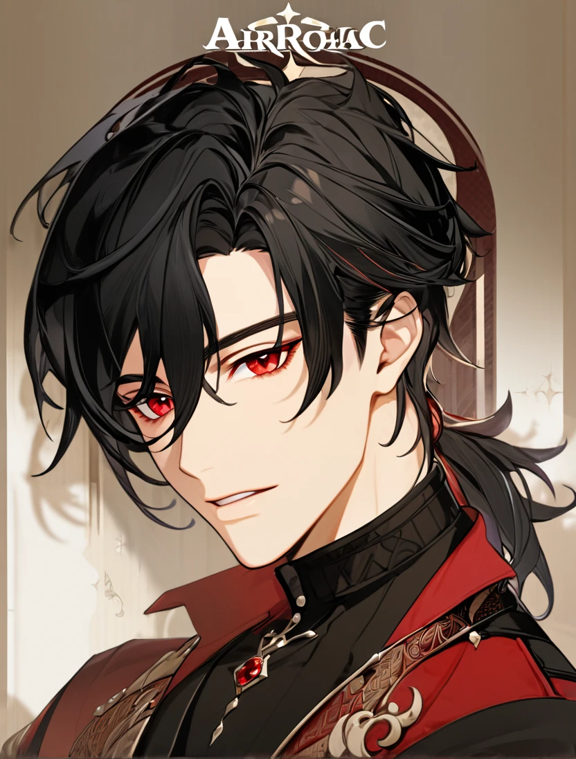 (Black_Hair), (red_ruby_eyes), (Handsome), (attractive), (male), (close_up_shot), (detailed_eyes), (detailed_hair), (clean_hair),  (vertical_pupils), (jawline), (wears_aristrocatic_outfit), (in_his_early_twenties) 