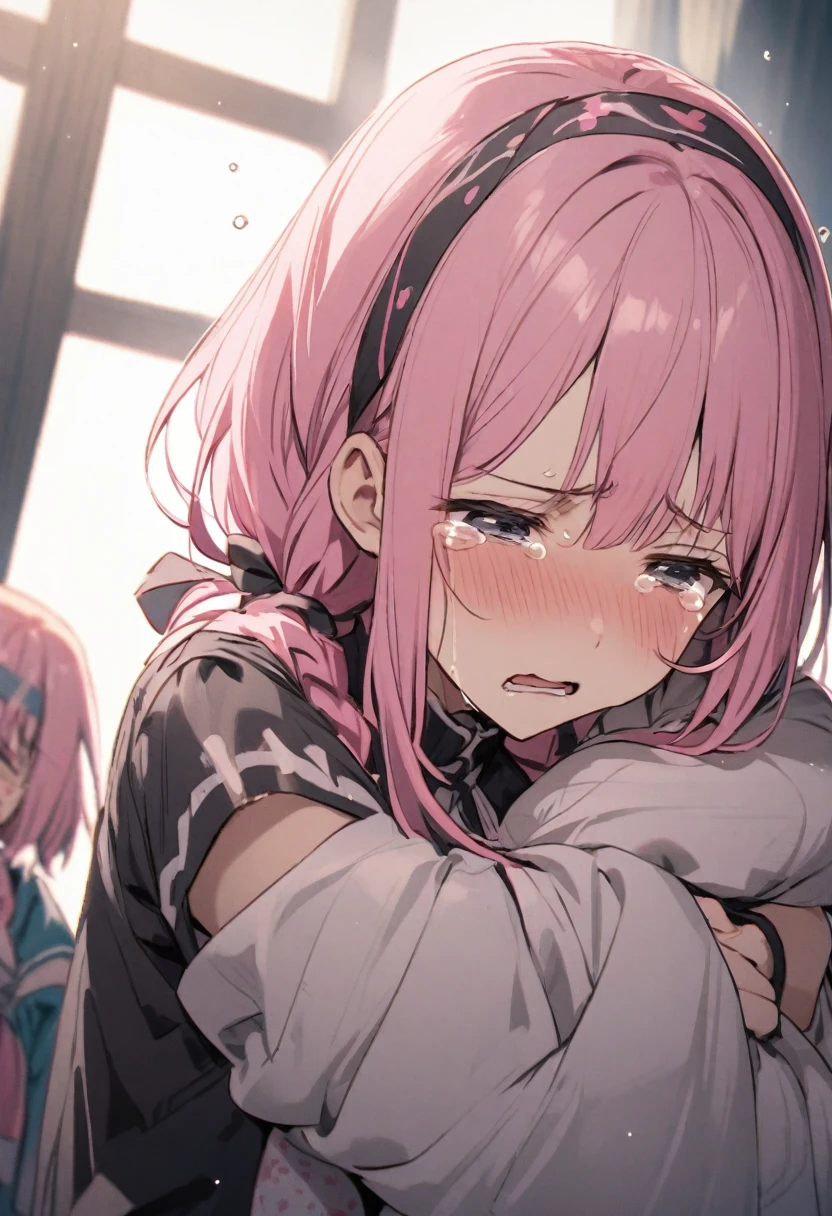 masutepiece, Best Quality,Illustration, Wallpaper, ultra -detail, Little Face Lori、(((molesting)))、barechested、Bright hair color、Big crisp eyes、((shame:1.7))、(Teary-eyed:1.5)、(((Nothing is worn)))、ample breasts、((Girl being touched by a man))、small cherry-colored nipples 、Looking up from your feet、(Girly)