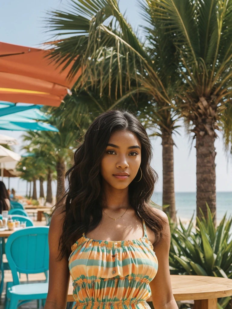 Madison Beer, her name is Jamila, high quality, 1girl, ((20-year-old fit ebony woman)), ((25 years old)), ((slim)), long hair, pose: standing, wearing (((colorful sundress))) stylish fashionable Generation-Z modern wear different colored, BACKGROUND: outside: a cafe by the beach