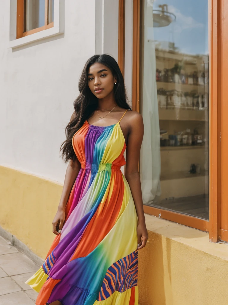 Madison Beer, her name is Jamila, high quality, 1girl, ((20-year-old fit ebony woman)), ((25 years old)), ((slim)), long hair, pose: standing, wearing (((colorful sundress))) stylish fashionable Generation-Z modern wear different colored, BACKGROUND: outside: a cafe by the beach