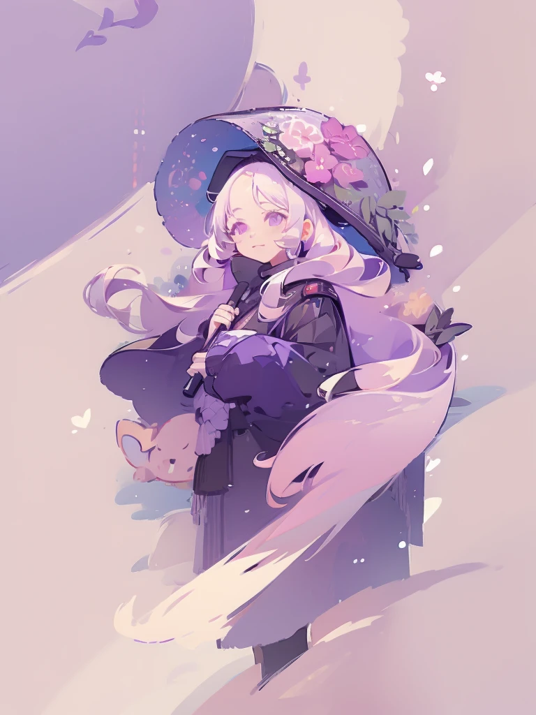 Portrait, icon, 1girl, long white hair, purple eyes, holding a black umbrella, illustration