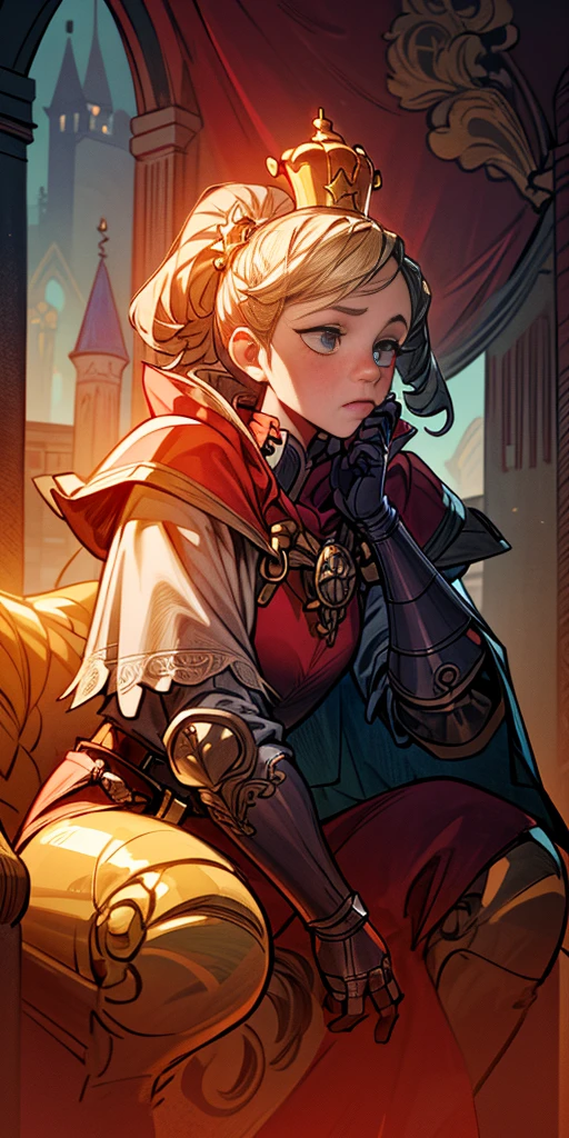 (masterpiece, best quality, absurdness, 4k, aesthetic, detailed, intricate, perfect lighting) cinematic angle, 1sologirl, sitting on throne, elbow rest, castle interior, mask, hood, cape, belt, armor, cloak, red gloves gauntlets, bkcrown