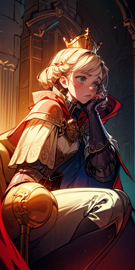 (masterpiece, best quality, absurdness, 4k, aesthetic, detailed, intricate, perfect lighting) cinematic angle, 1sologirl, sitting on throne, elbow rest, castle interior, mask, hood, cape, belt, armor, cloak, red gloves gauntlets, bkcrown
