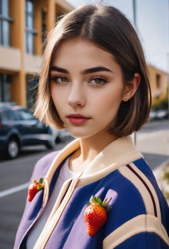 Beautiful 16-year-old girl, named Sofia, beautiful golden eyes, detailed eyes, MID-HEIGHT bob  haircut, mermeland lips, sexy, detailed face, university jacket, in the background a strawberry, car, parking 
