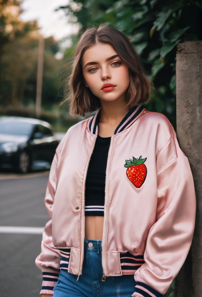 Beautiful 16-year-old girl, named Sofia, beautiful golden eyes, detailed eyes, MID-HEIGHT bob haircut, mermeland lips, sexy, detailed face, university jacket, in the background a strawberry, car, parking