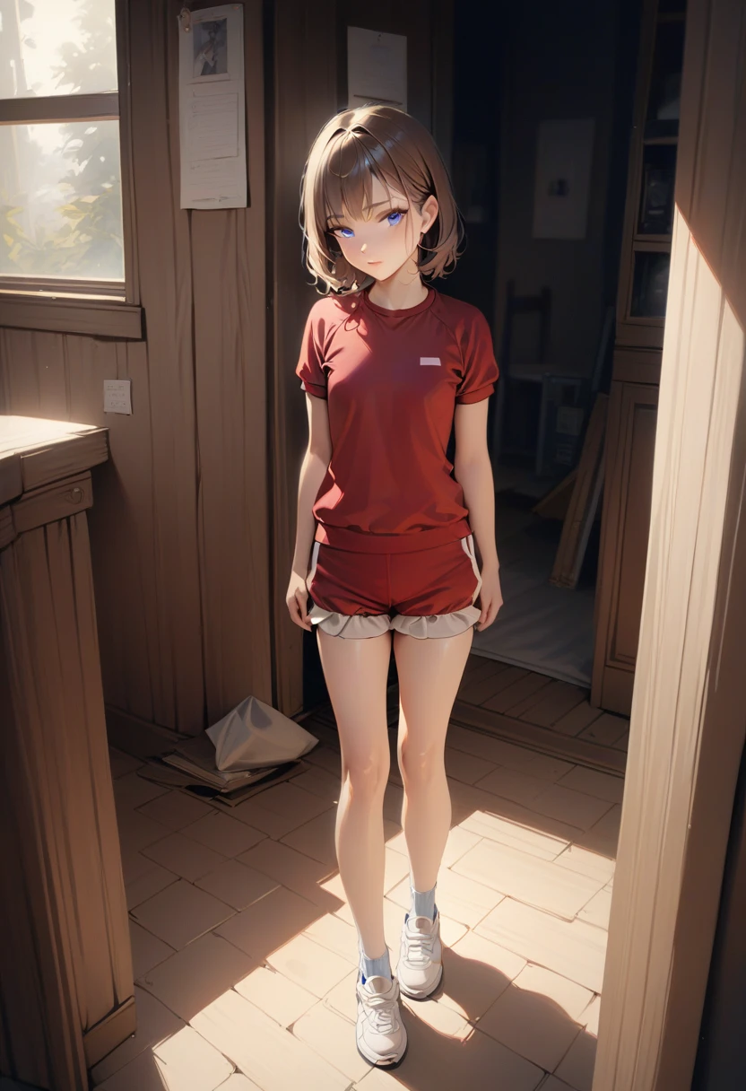 masterpiece, high quality, Small breasts, One Girl, Are standing, stop temporarily, stop temporarily,  Gym suit, shorts, Bloomers,  whole body, shirt,blue eyes, Realistic