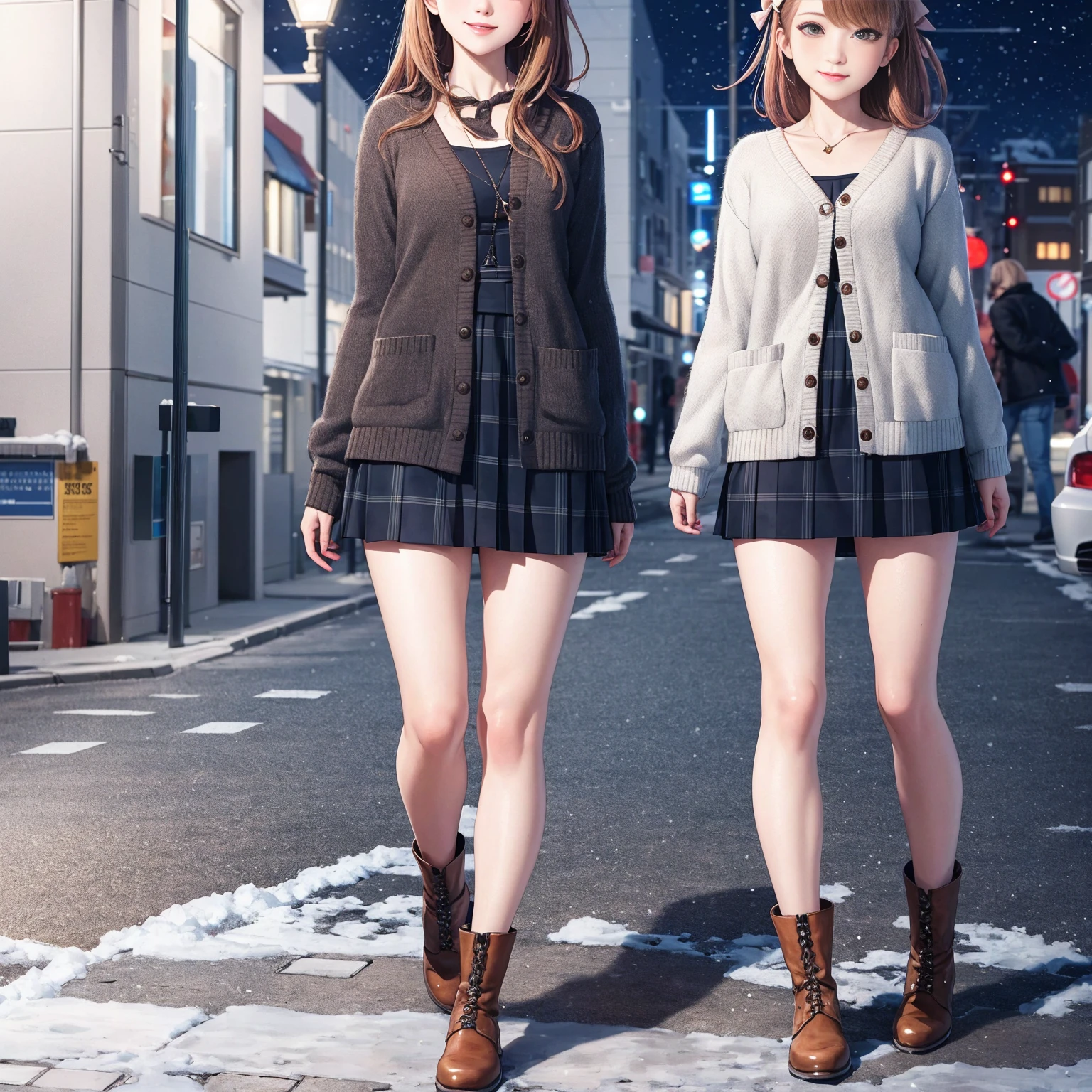(masterpiece:1.2), best quality, highres, original, (extremely detailed:1.2), ultra-detailed, wallpaper, perfect lighting,(extremely detailed CG:1.2), 8k, anime illustration, 1girl, solo, smiling, (winter outfit:1.2), standing on the street, (knit cardigan:1.1), (bowknot on cardigan:1.25), knee-length skirt, (Ruffled hemline:1.3), winter boots, {delicate|detailed}clothes, (anatomically correct:1.34), close-up, full-body, looking at viewer, frontal, snowy street, (streetlight:1.17), city background, night, unity 4k