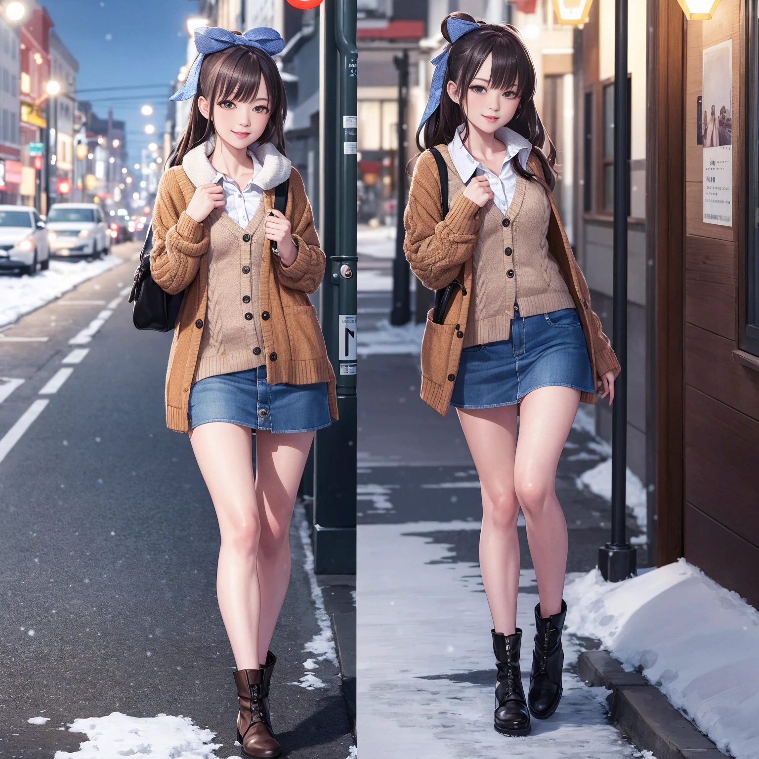 (masterpiece:1.2), best quality, highres, original, (extremely detailed:1.2), ultra-detailed, wallpaper, perfect lighting,(extremely detailed CG:1.2), 8k, anime illustration, 1girl, solo, smiling, (winter outfit:1.2), standing on the street, (knit cardigan:1.1), (bowknot on cardigan:1.25), knee-length skirt, (Ruffled hemline:1.3), winter boots, {delicate|detailed}clothes, (anatomically correct:1.34), close-up, full-body, looking at viewer, frontal, snowy street, (streetlight:1.17), city background, night, unity 4k