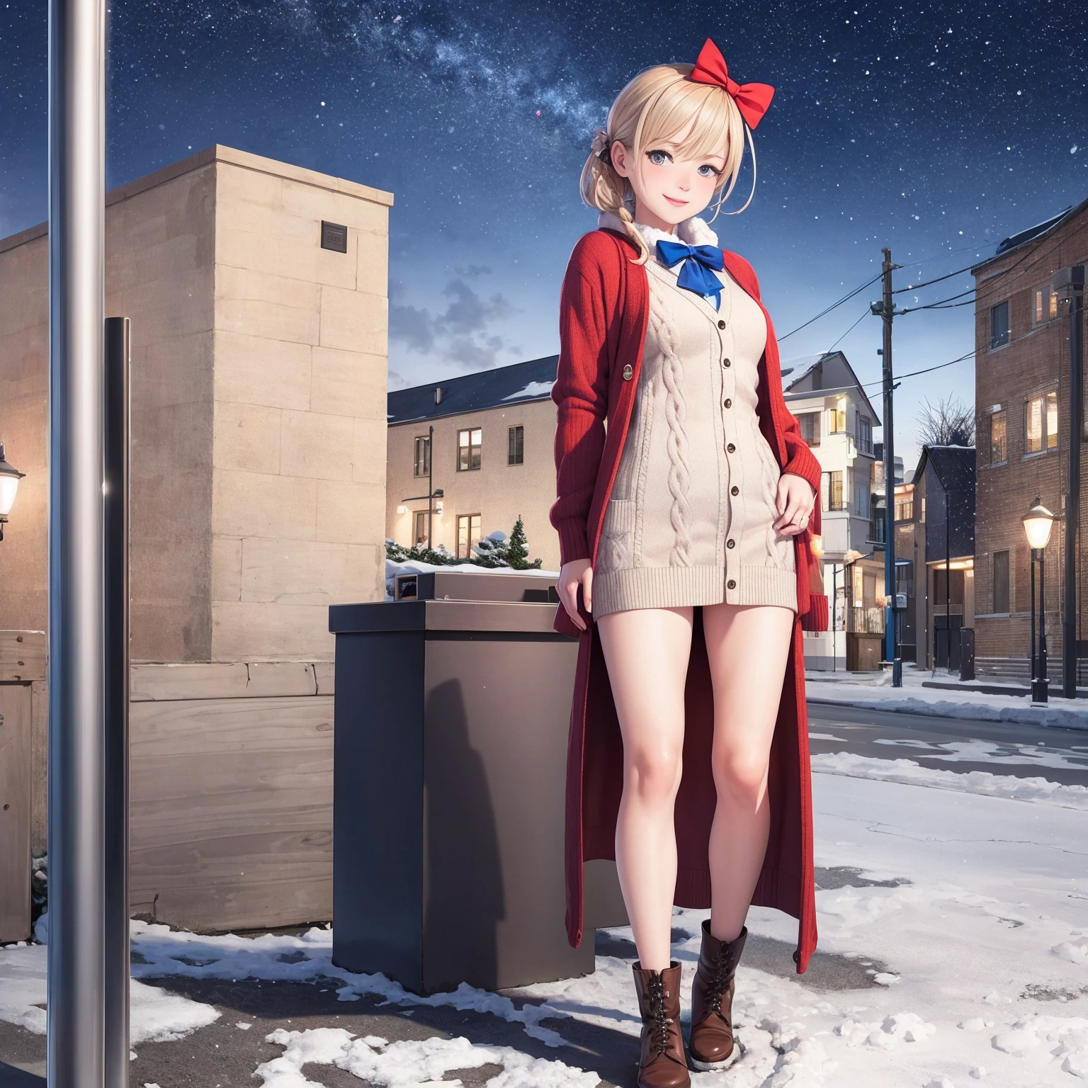 (masterpiece:1.2), best quality, highres, original, (extremely detailed:1.2), ultra-detailed, wallpaper, perfect lighting,(extremely detailed CG:1.2), 8k, anime illustration, 1girl, solo, smiling, (winter outfit:1.2), standing on the street, (knit cardigan:1.1), (bowknot on cardigan:1.25), knee-length skirt, (Ruffled hemline:1.3), winter boots, {delicate|detailed}clothes, (anatomically correct:1.34), close-up, full-body, looking at viewer, frontal, snowy street, (streetlight:1.17), city background, night, unity 4k