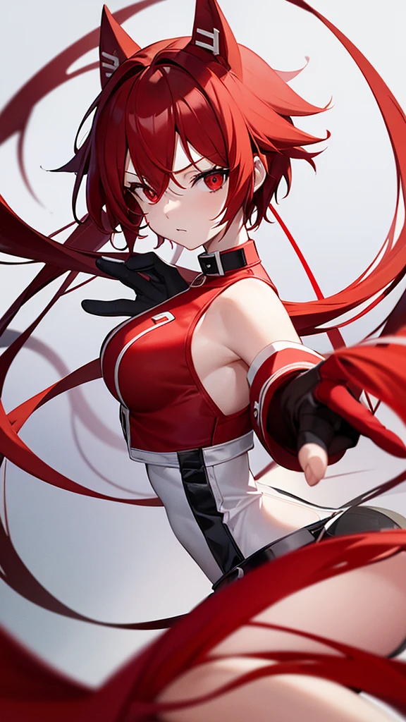 A female character with white and red hair and white ears with red tips, black eye background and red eyes, short black clothes with red collars. red glove with fingers out and long red sock.