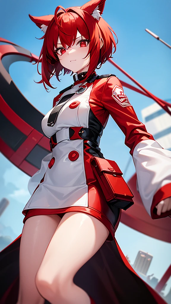 A female character with white and red hair and white ears with red tips, black eye background and red eyes, short black clothes with red collars. red glove with fingers out and long red sock.