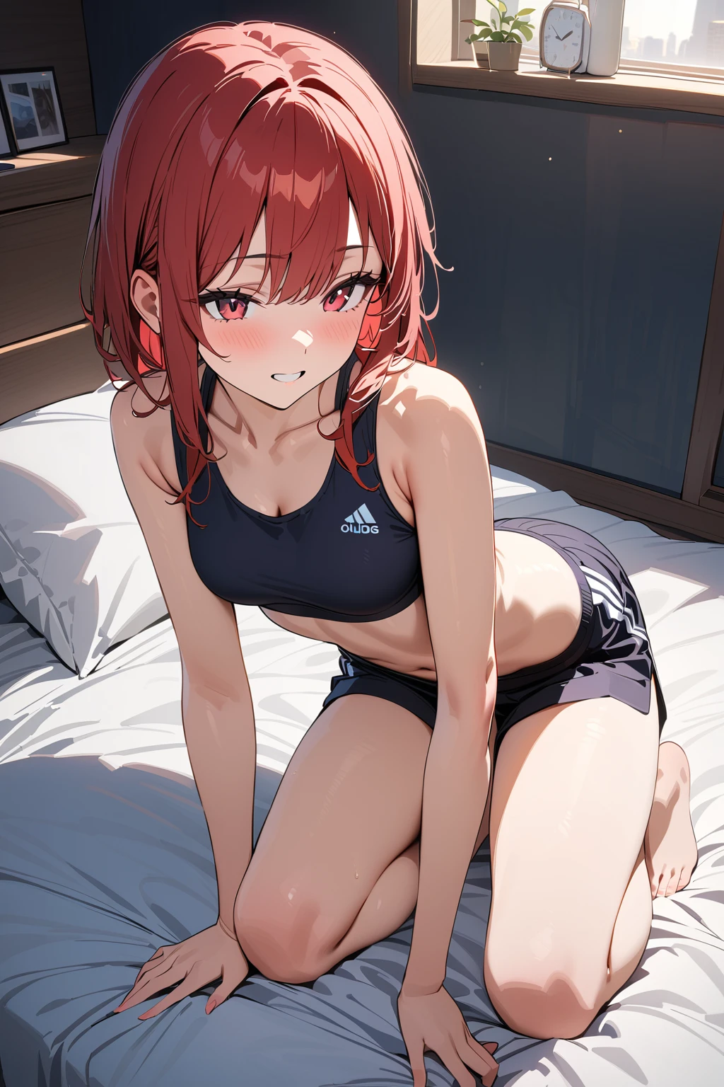 (masterpiece, best quality:1.5), (ultra detailed, high resolution, 8k, beautiful detailed, UHD, best anatomy), red hair, very flat breasts, 1 girl like a man, Sports Bra, Culottes, barefoot, bed room, night