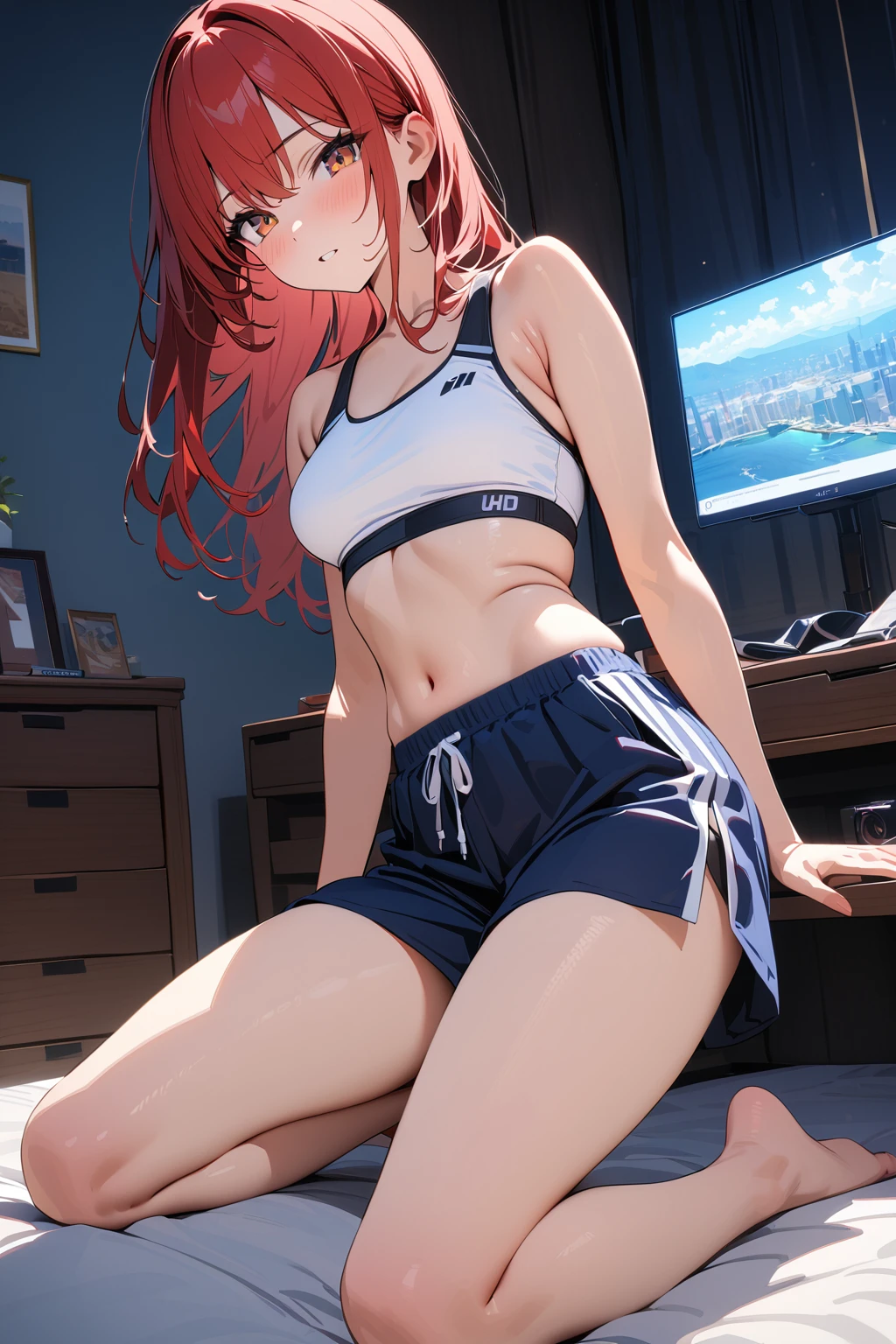 (masterpiece, best quality:1.5), (ultra detailed, high resolution, 8k, beautiful detailed, UHD, best anatomy), red hair, very flat breasts, 1 girl like a man, Sports Bra, Culottes, barefoot, bed room, night
