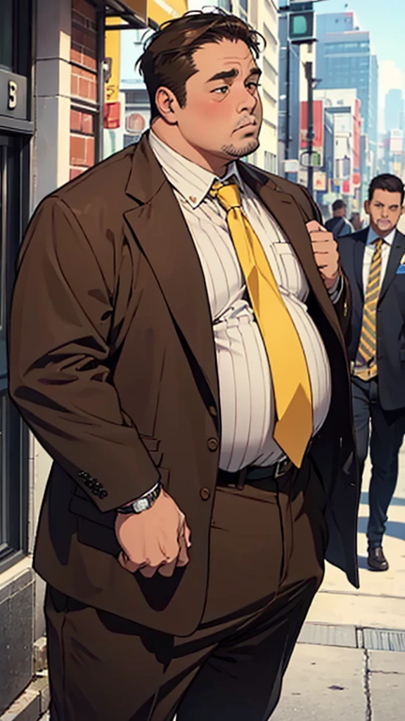 Man, 50 years old, fat guy, big belly, brown suit, yellow and brown striped tie, white shirt, expensive watch, short hair, rough skin