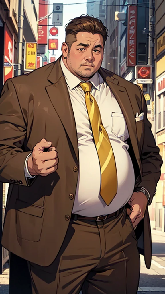 Man, 50 years old, fat guy, big belly, brown suit, yellow and brown striped tie, white shirt, expensive watch, short hair, rough skin