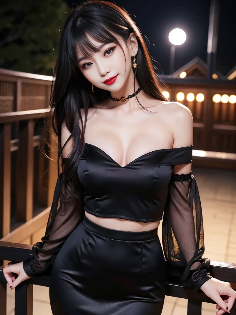 tra-detailed、Japanese、attractive beauty、seductive adult woman、pretty woman、piercing eyes、cool girl、wavy hair、swept bangs、Long Black and Gold Cheongsam、wide sleeves、Evil cadres、evil depravity、brainwash、mind control、lipstick、lip gloss、dark makeup、smirk、whisper in your ear、Evil expression、evil、hollow eyes,half-closed eyes、empty eyes、evil、church at night、vampire、succubus、vampire、Swear allegiance、sexy pose、Off-shoulder、Crop topping、Showing thighs、tempting、evil smile、seductive